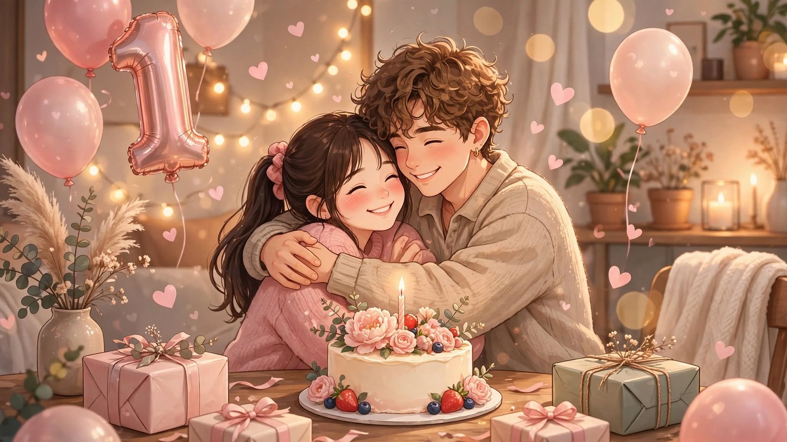 50 First Anniversary Wishes for Girlfriend - Cute couple celebrating 1 year anniversary with cake and balloons - 16 Sep 2026 - Luvsita