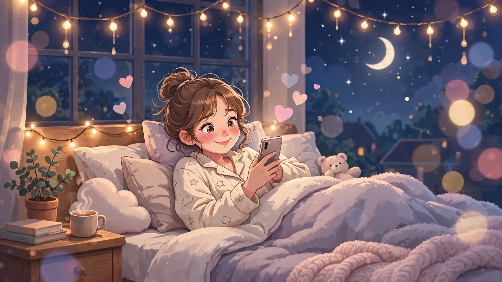 45 Cute Flirty Good Night Texts for Crush to Make Them Blush at Night - Girl texting in bed with fairy lights - 13 Sep 2026 - Luvsita