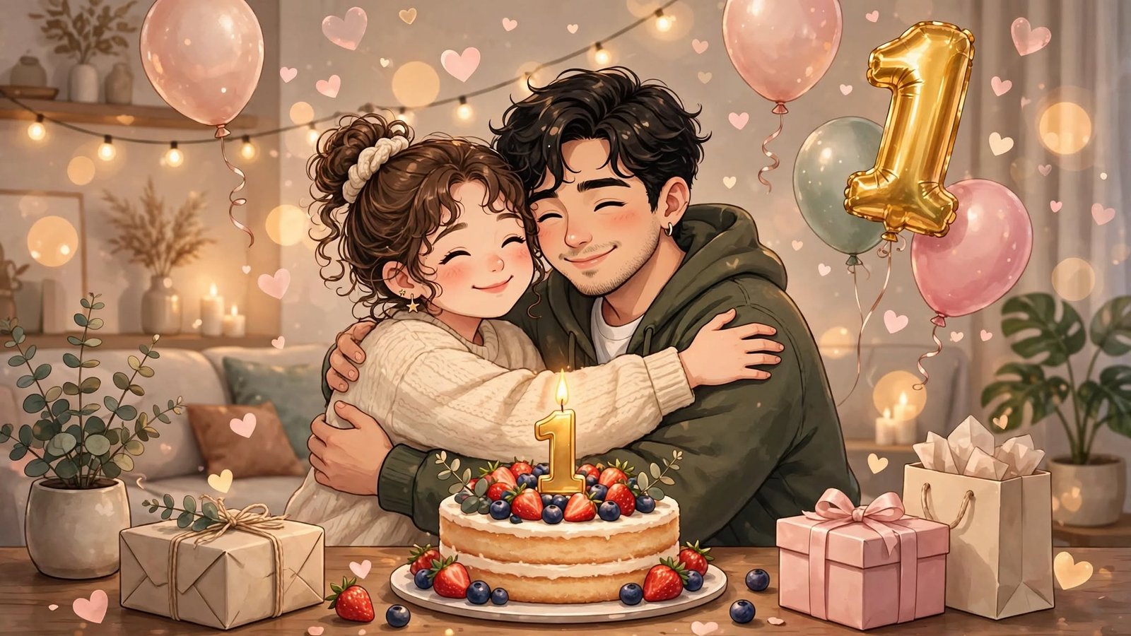 50 First Anniversary Wishes for Boyfriend - Cute couple celebrating 1 year anniversary with cake and balloons - 15 Sep 2026 - Luvsita