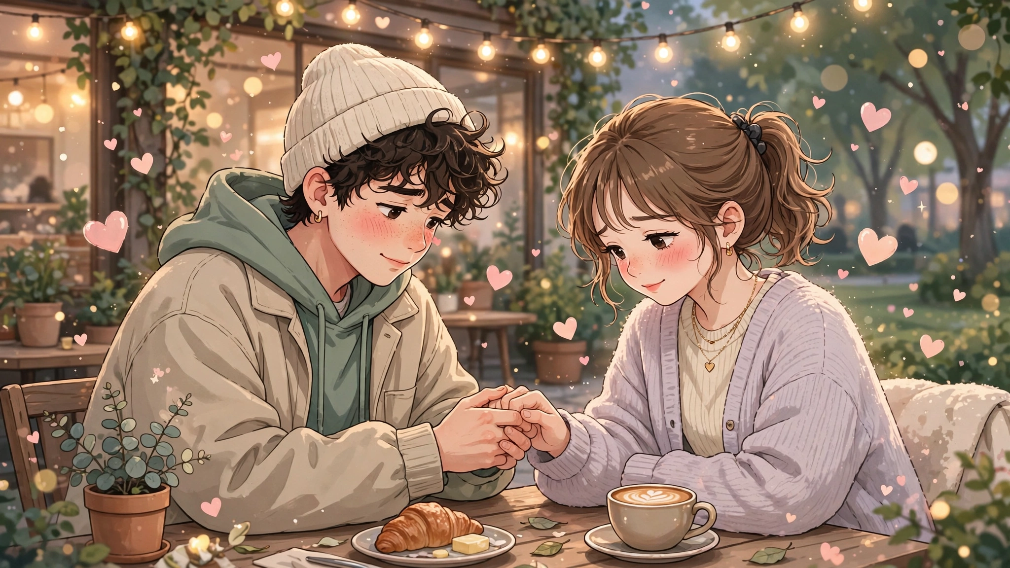 New couple holding hands and smiling in a cozy cafe - new relationship wishes